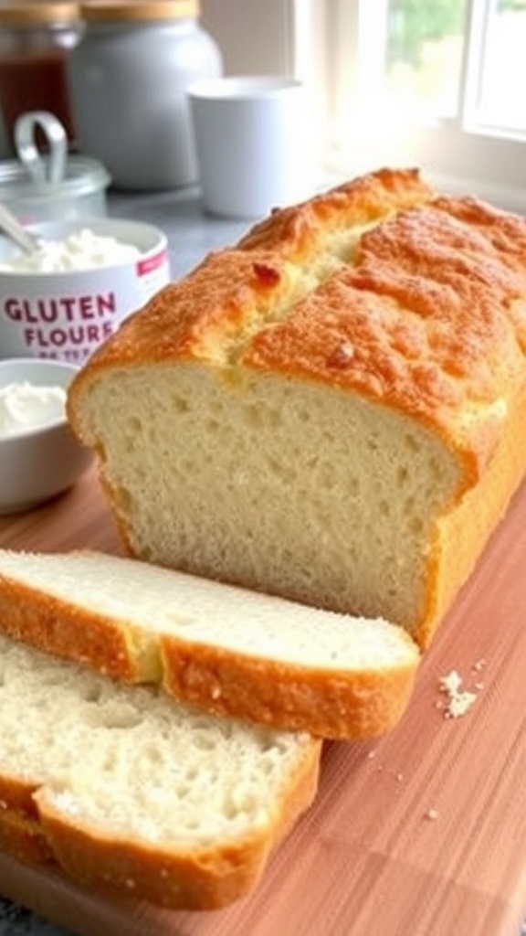 Simple Gluten-Free 3-Ingredient Bread Recipe A loaf of gluten-free bread sliced on a cutting board, with yogurt and flour in the background.